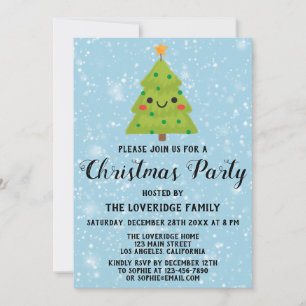 Invitation Jolie fête de Noël arbre vert neige bleue