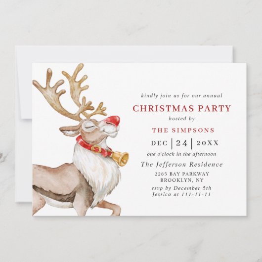 Invitation Jolie fête de Noël Cartoon Reindeer (Devant)