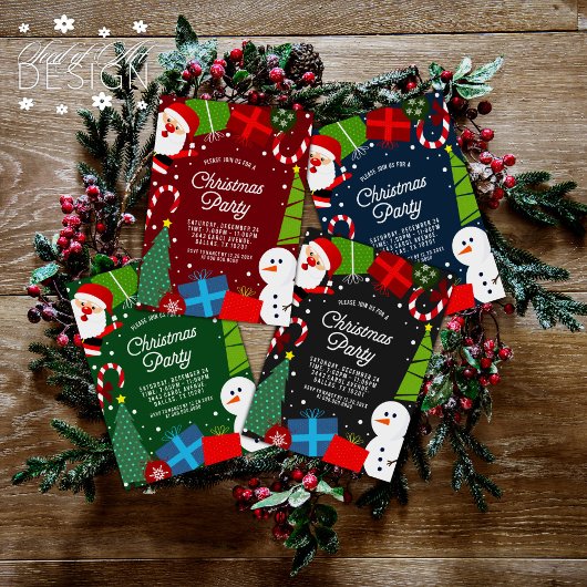 Invitation Jolie fête de Noël noire Père Noël & Snowman