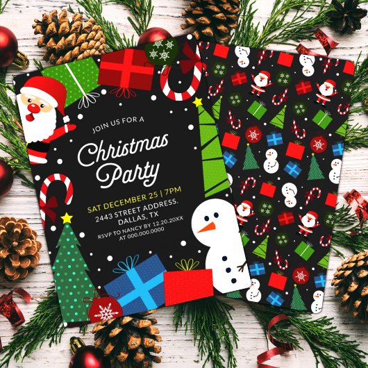 Invitation Jolie fête de Noël noire Père Noël & Snowman