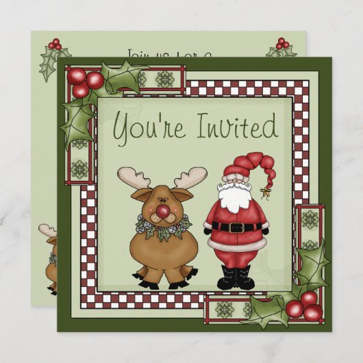 Invitation Jolie fête de Noël Père Noël et Reindeer (Devant / Derrière)