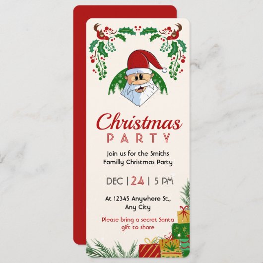 Invitation Jolie fête de Noël Père Noël Festive Élégant flora (Devant / Derrière)