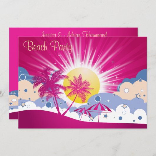 Invitation Jolie fête de plage rose (Devant / Derrière)