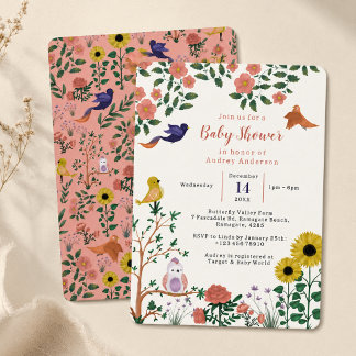 Invitation Jolie Fête de Thé Fleur Sauvage et Oiseaux Baby Sh