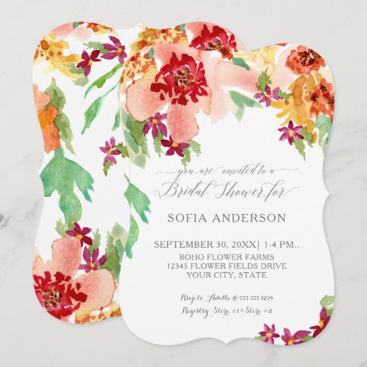 Invitation Jolie Fête des mariées Automne Floral Moderne Aqua (Devant / Derrière)