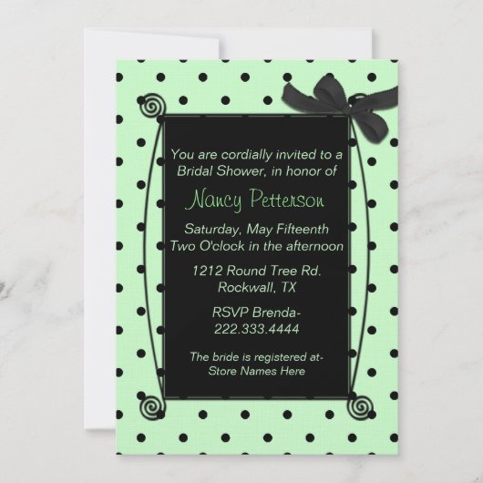 Invitation Jolie Fête des mariées de points Polka vert et noi (Devant)