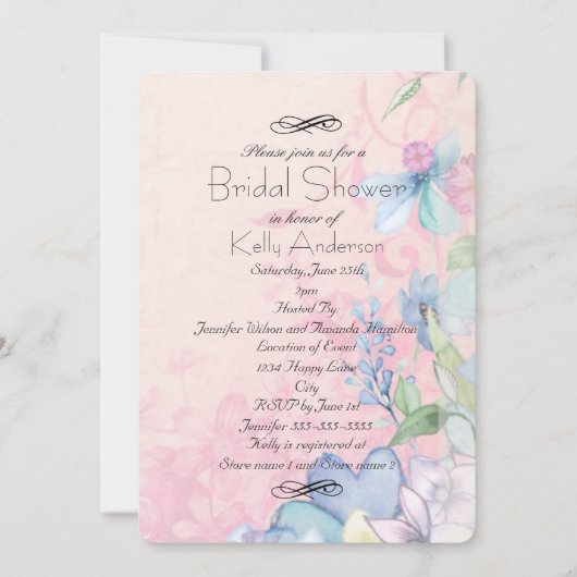 Invitation Jolie Fête des mariées Fleur sauvage rose et bleu (Devant)