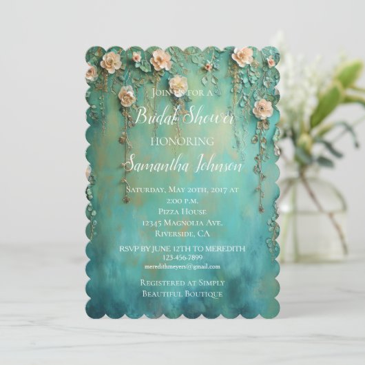 Invitation Jolie Fête des mariées florale rose Turquoise (Debout devant)