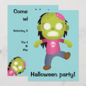 Invitation Jolie fête d'Halloween de fille Zombie Cartoon (Devant / Derrière)