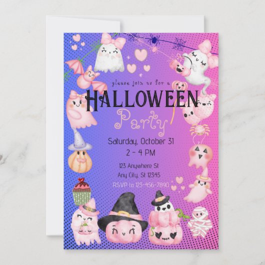 Invitation Jolie fête d'Halloween Enfants Kawaii rose (Devant)