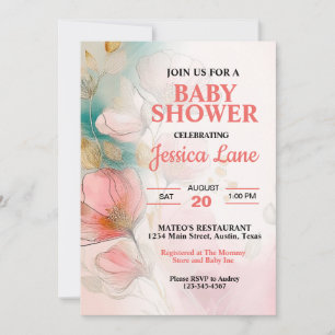 Invitation Jolie Fête Prénatale Fleurie Rose pour Bébé Fille