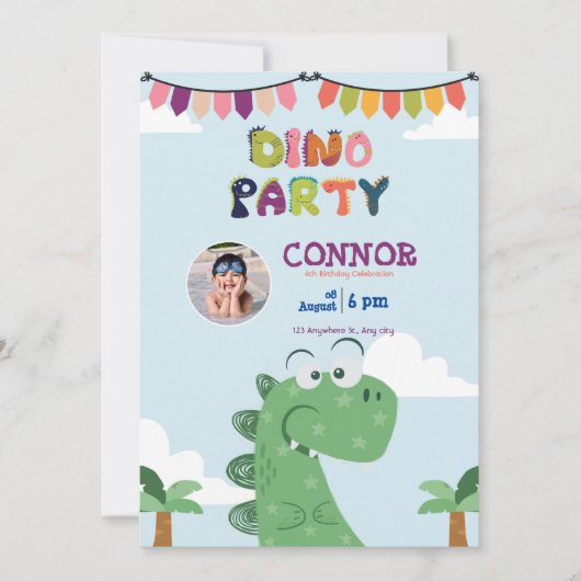Invitation Jolie fête verte tyrannosaurus Rex/ T-Rex annivers (Devant)