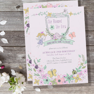Invitation Jolie fille 2ème anniversaire Fée Fleur Jardin