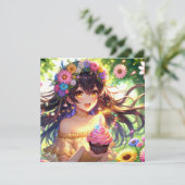 Invitation Jolie fille Anime avec Cupcake Anniversaire (Debout devant)