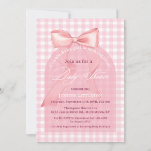 Invitation Jolie Fille Arc à Carreaux Rose Ruban Baby Shower