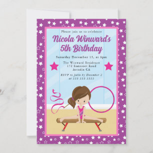 Invitation Jolie fille aux cheveux bruns Gymnaste  Anniversai