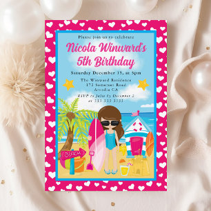 Invitation Jolie Fille aux Cheveux Bruns Plage Enfants Annive