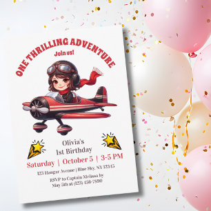 Invitation Jolie Fille Avion Vintage Rouge Enfants 1er Annive