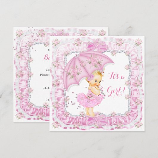Invitation Jolie fille Baby shower Floral rose Blonde (Devant / Derrière)