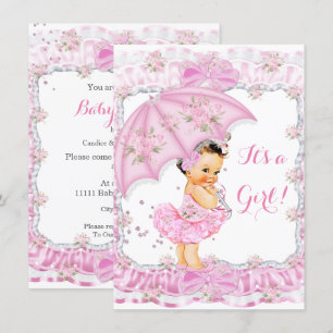 Invitation Jolie fille Baby shower Floral rose Brunette