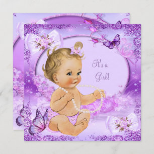 Invitation Jolie fille Baby shower papillon pourpre Blonde