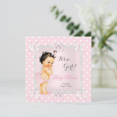 Invitation Jolie fille Baby shower rose Gris Brunette (Debout devant)