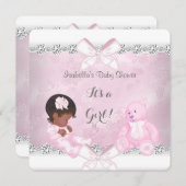 Invitation Jolie fille Baby shower rose Ours blanc (Devant / Derrière)