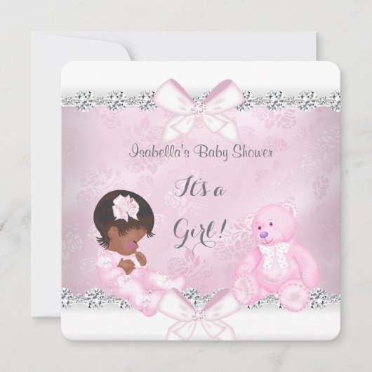 Invitation Jolie fille Baby shower rose Ours blanc (Devant)