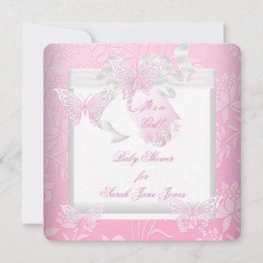 Invitation Jolie fille Baby shower rose Papillon blanc (Devant)