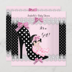 Invitation Jolie fille Baby shower rose Pois haut talon 6a