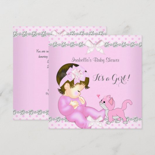 Invitation Jolie fille Baby shower rose Poka Dot Kitten 2 (Devant / Derrière)