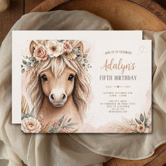 Invitation Jolie Fille Boho Cheval Cinquième Anniversaire