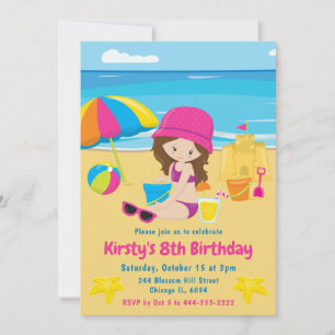 Invitation Jolie Fille Brune Anniversaire Été Plage