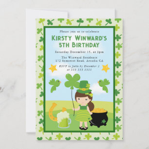 Invitation Jolie fille brune St Patrick enfants anniversaire 