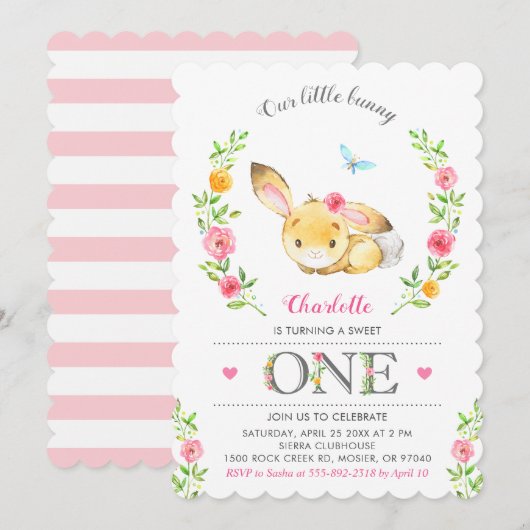 Invitation Jolie Fille Bunny Florale 1ère fête d'anniversaire (Devant / Derrière)