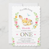 Invitation Jolie Fille Bunny Florale 1ère fête d'anniversaire (Devant)