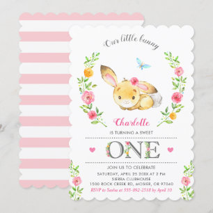 Invitation Jolie Fille Bunny Florale 1ère fête d'anniversaire