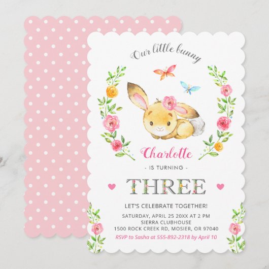 Invitation Jolie Fille Bunny Florale 3ème fête d'anniversaire (Devant / Derrière)