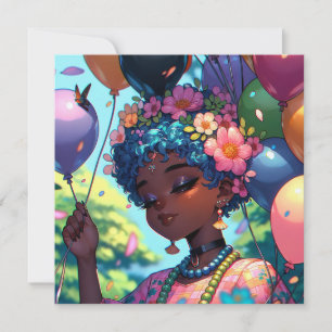 Invitation Jolie fille d'Anime noire avec anniversaire