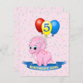 Invitation Jolie fille d'anniversaire rose bébé Tricératops D (Devant / Derrière)