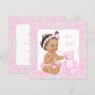 Invitation Jolie fille de douche bébé dentelle rose ours brun