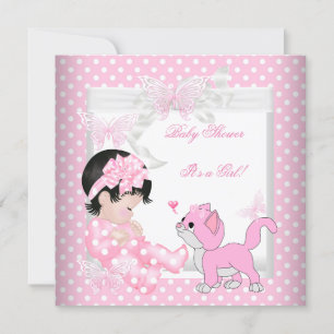 Invitation Jolie Fille de Fête de Bébé Rose Tache Chaton 3CC