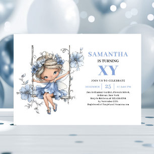 Invitation Jolie Fille Fée Bleue 5ème Anniversaire Pastel