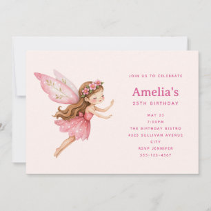 Invitation Jolie Fille Fée en Robe Rose Anniversaire