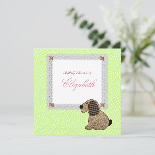 Invitation Jolie fille féminine En vichy Baby shower chien (Debout devant)