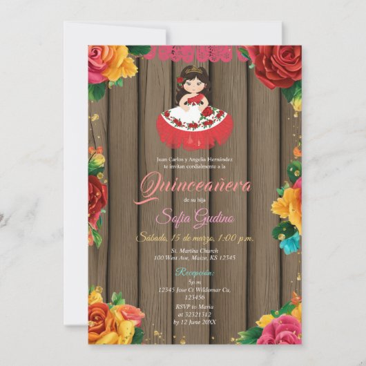 Invitation Jolie fille Fleurs colorées Bois rustique Quinceañ (Devant)