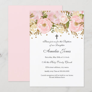 Invitation Jolie fille florale rose pâle doré Baptême