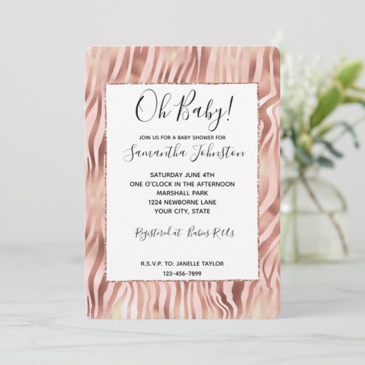 Invitation Jolie fille Glam rose rose Baby shower Zebra (Debout devant)