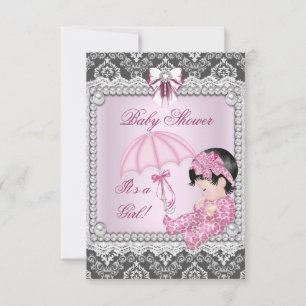 Invitation Jolie Fille Grise Rose Baby Shower Damassé
