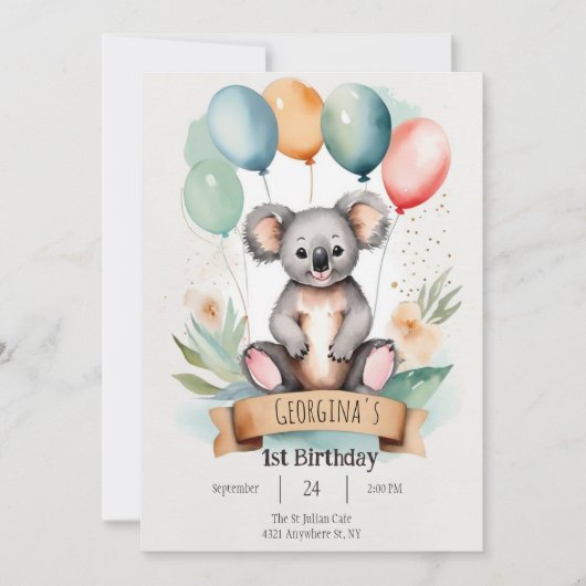 Invitation Jolie fille Koala Anniversaire (Devant)